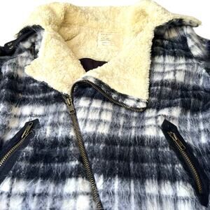 Free People “1970” Plaid Sherpa Moto Jacket, Size M, Faux Shearling Collar